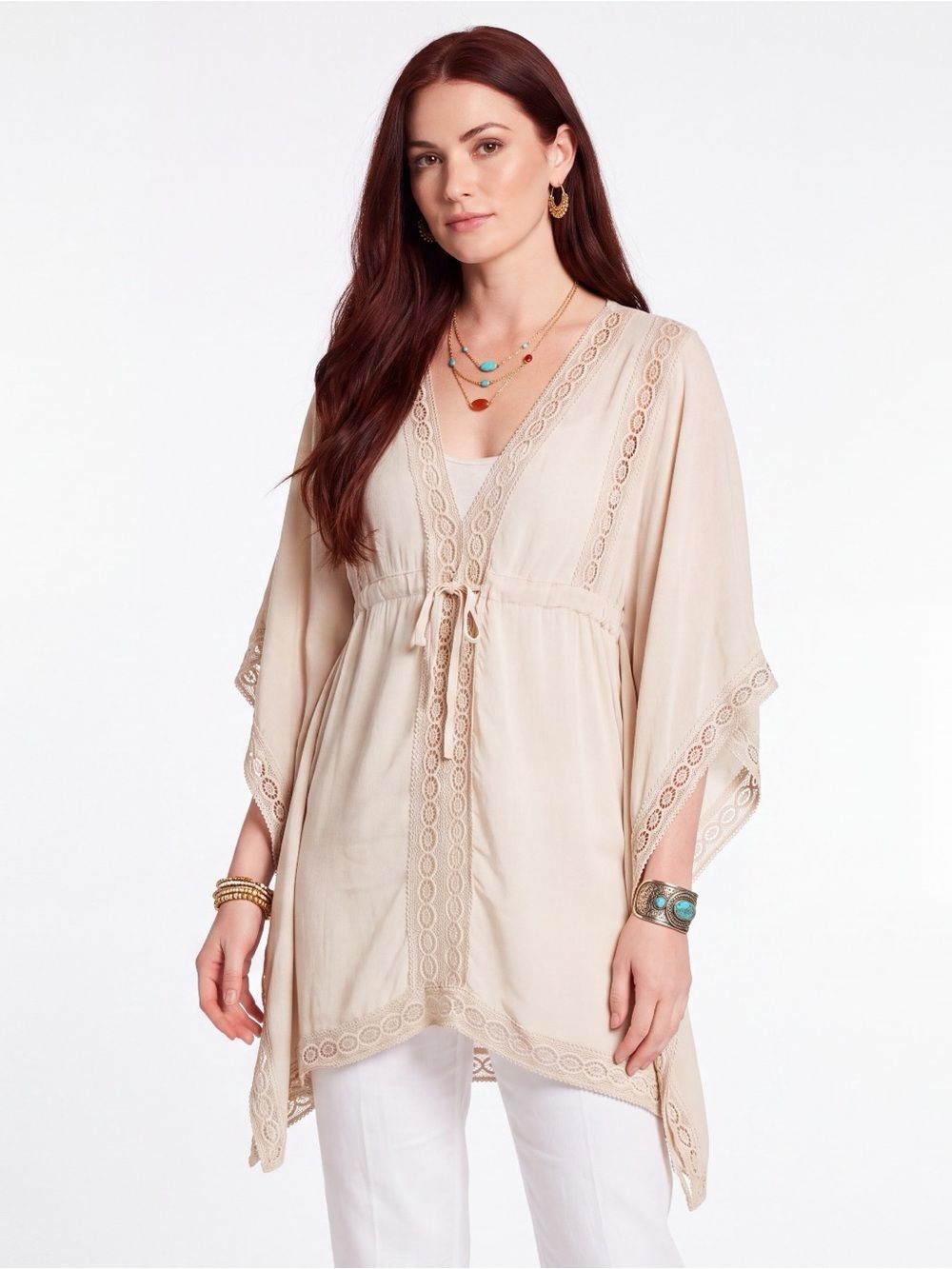 Beige V Neck Cotton Lace Butterfly Sleeve Tunic Blouse Medium NWT